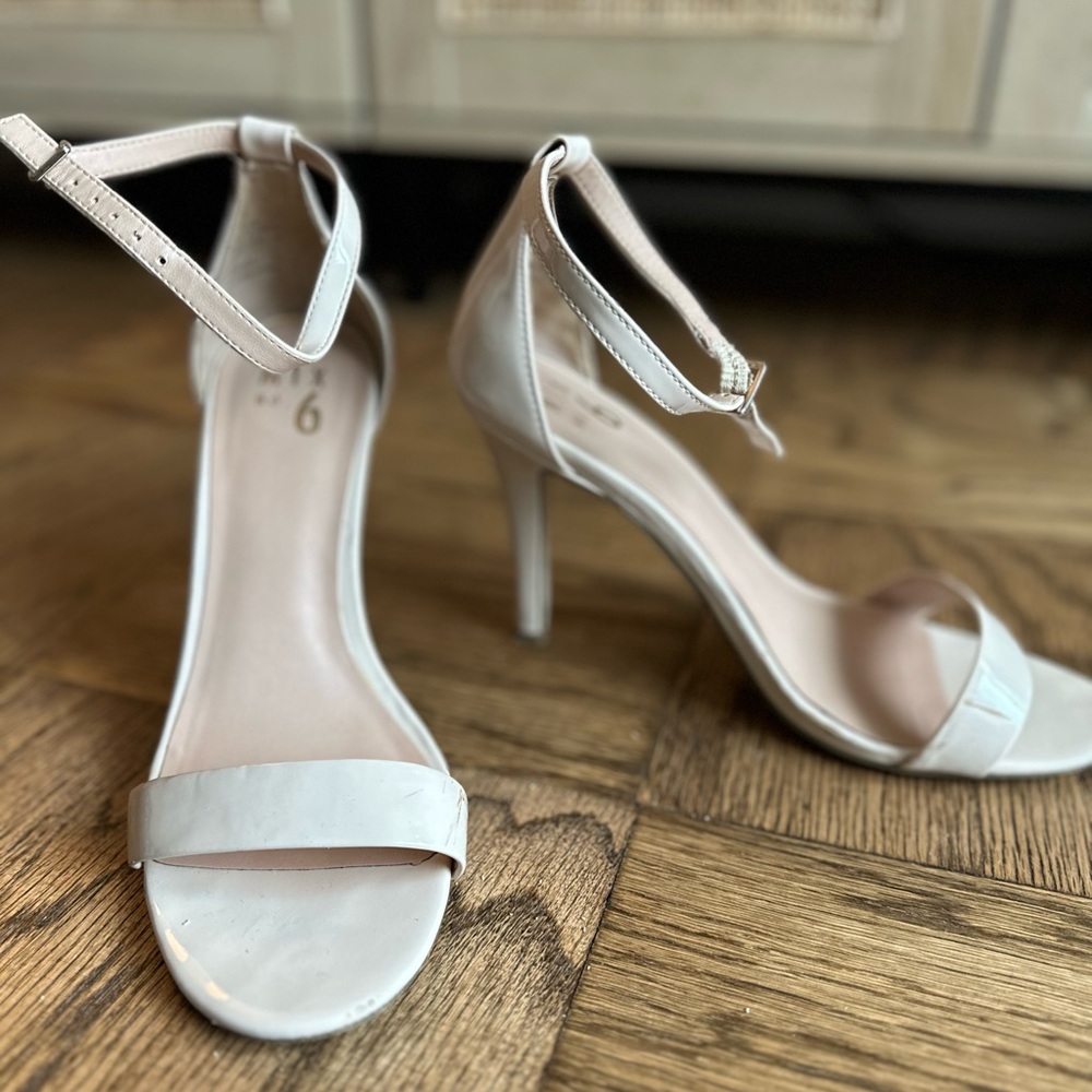 Mix No. 6 nude strap heels, 4 inches, worn